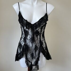 Vintage Black Lingerie Lace 1980s Babydoll Top Sexy Sheer Goth size small